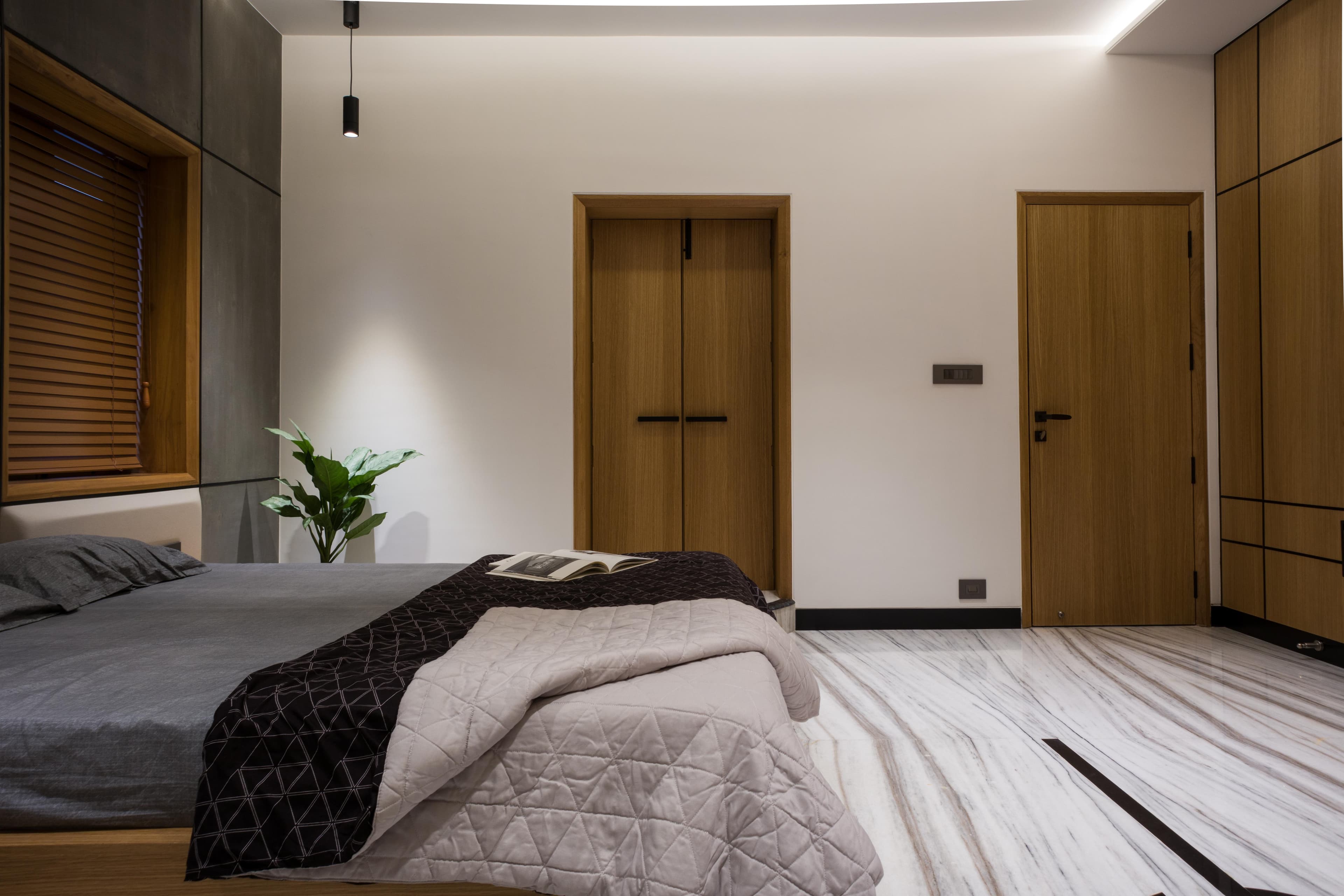 Corner view with wooden cabinetry