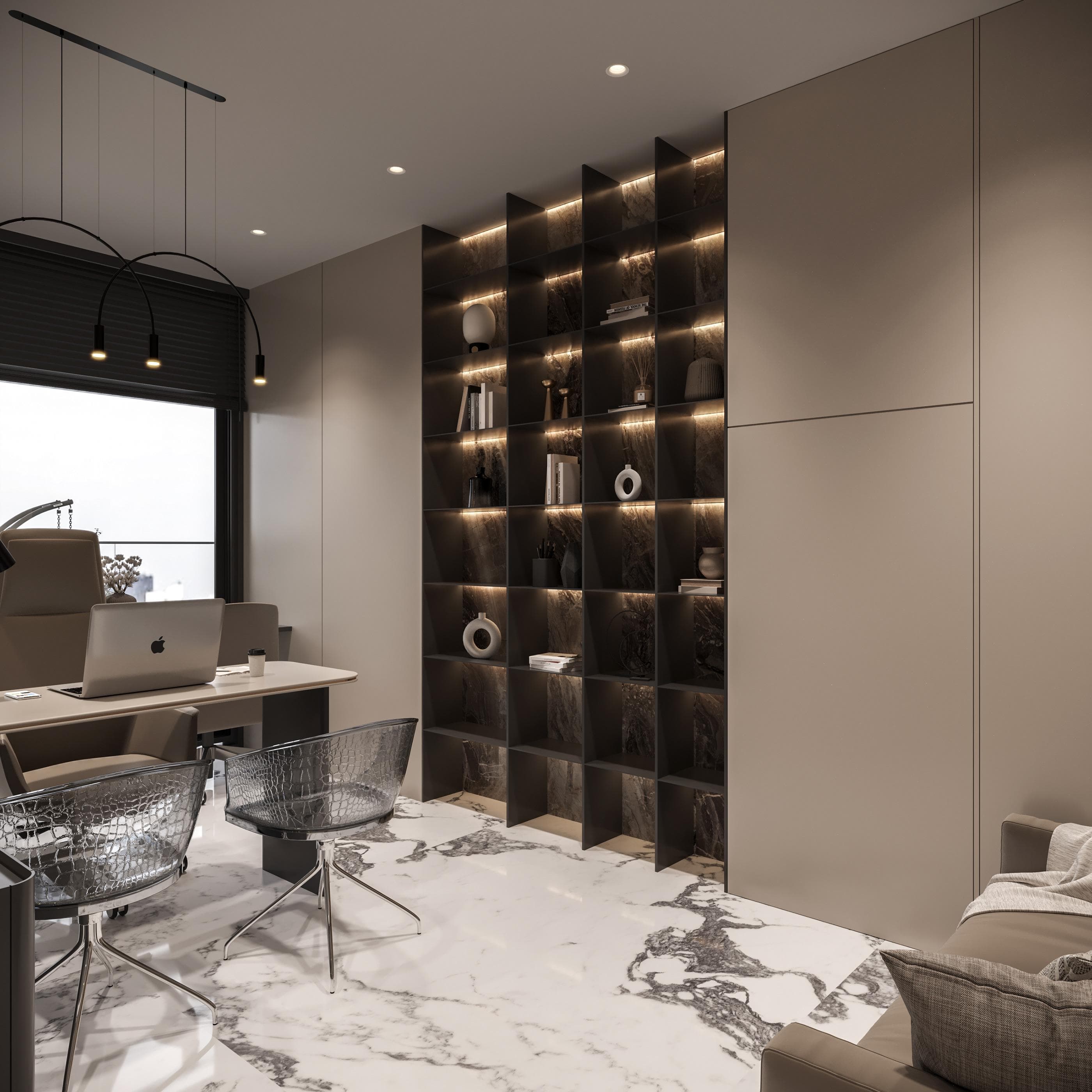 Spacious modern office with wooden decor