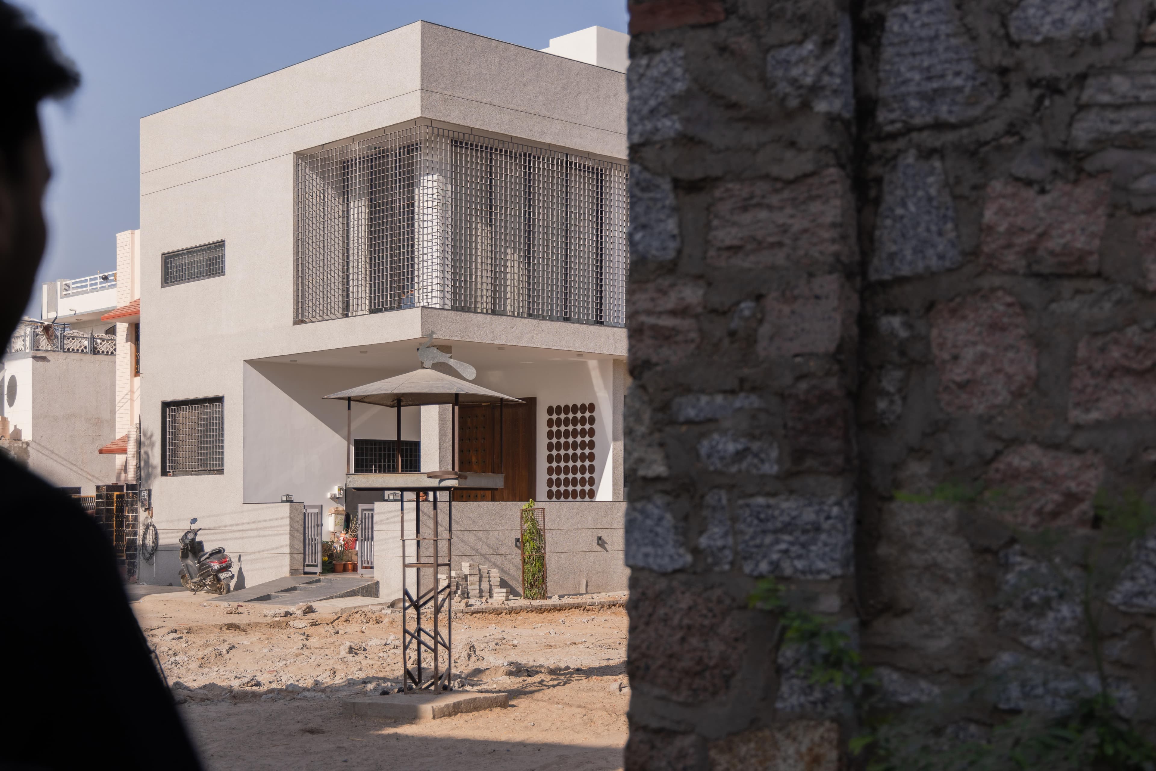 Corner view with wooden cabinetry
