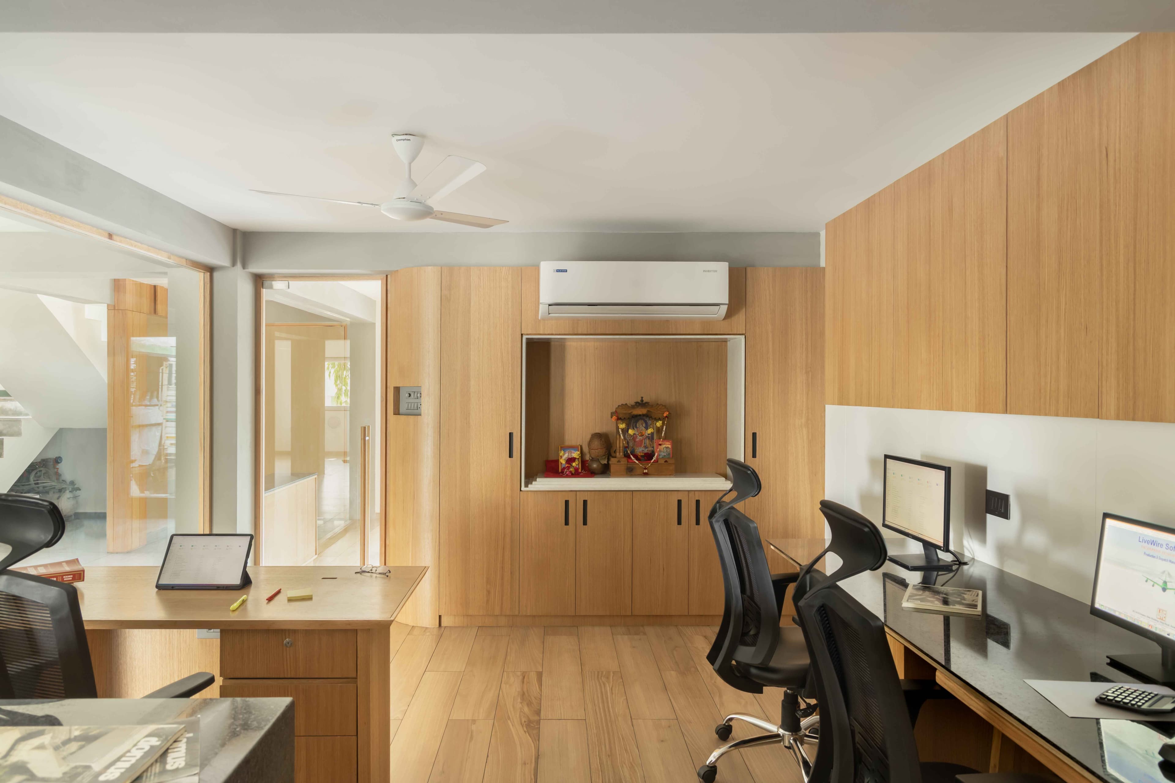 Office meeting space with wooden surfaces