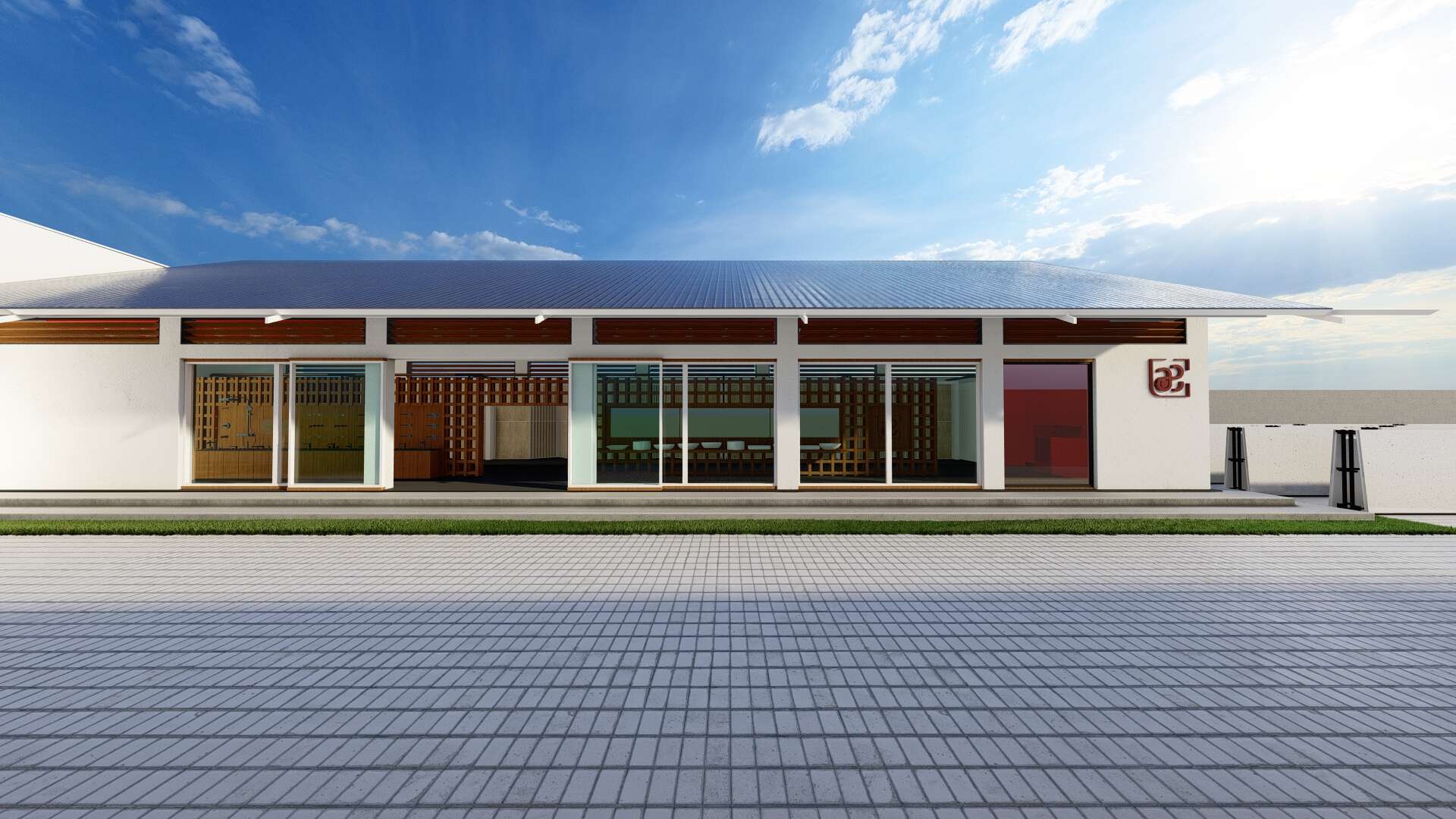 Office hallway with glass partitions