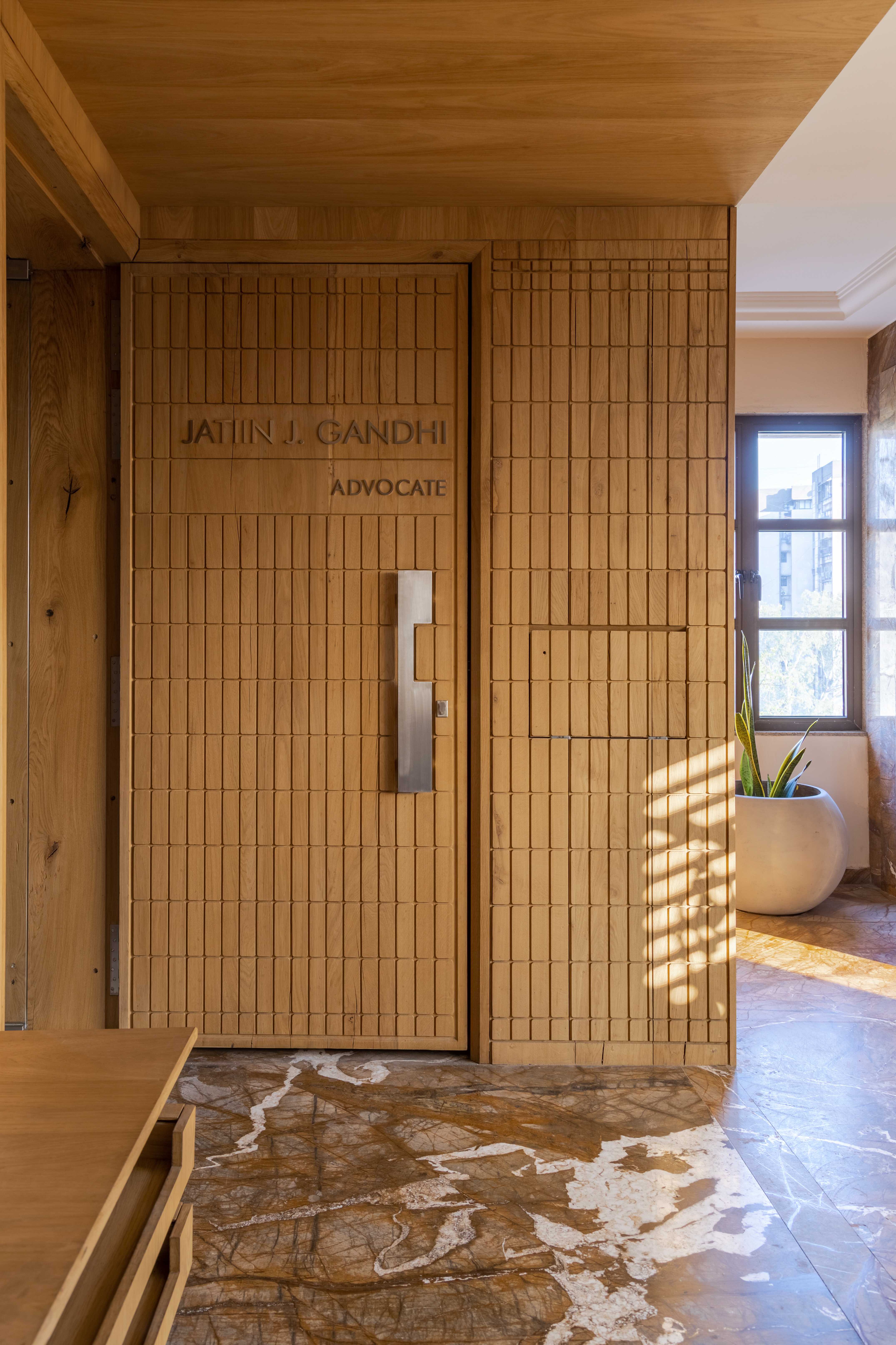 Contemporary office workspace with wooden furniture