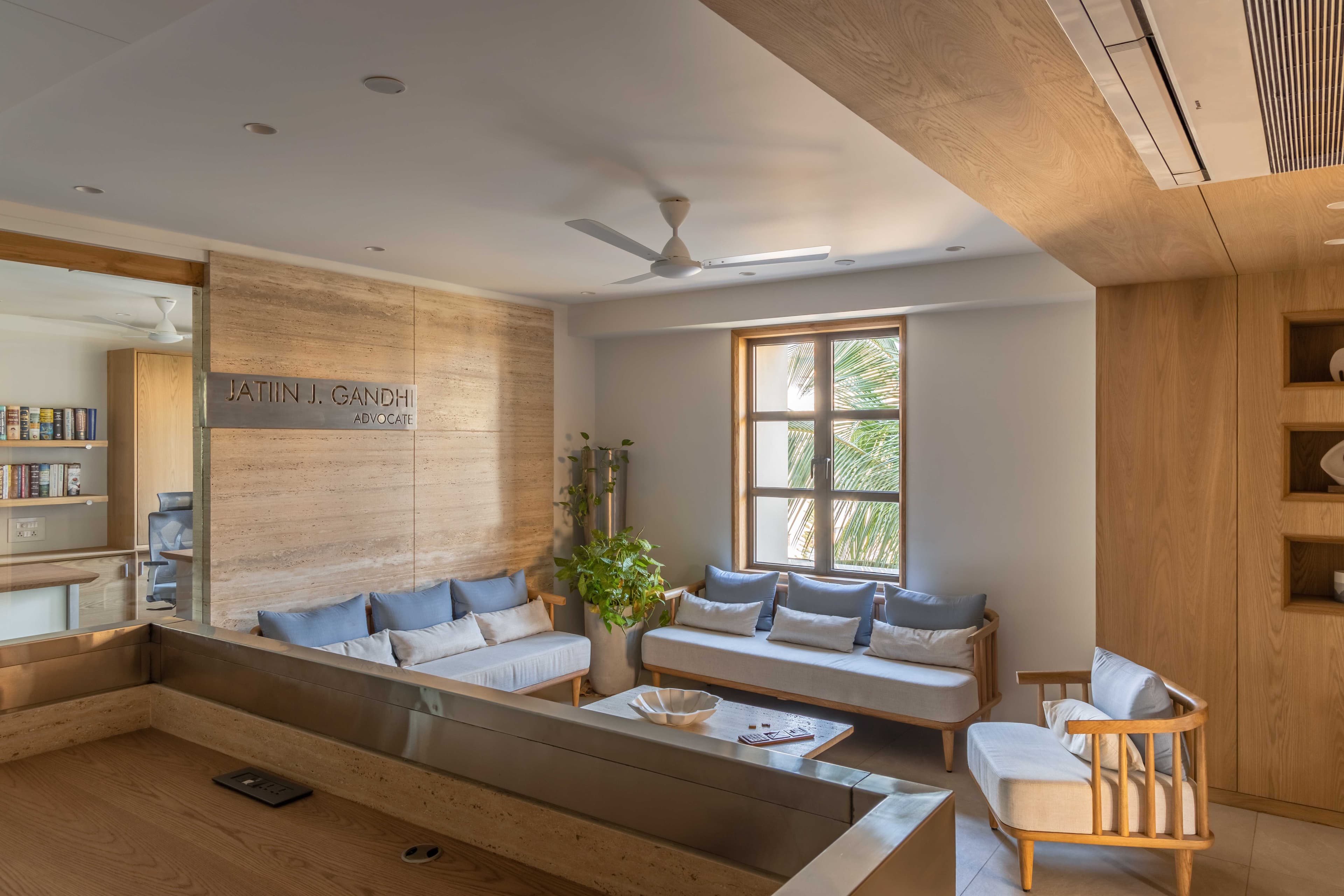 Modern office design with glass and wood