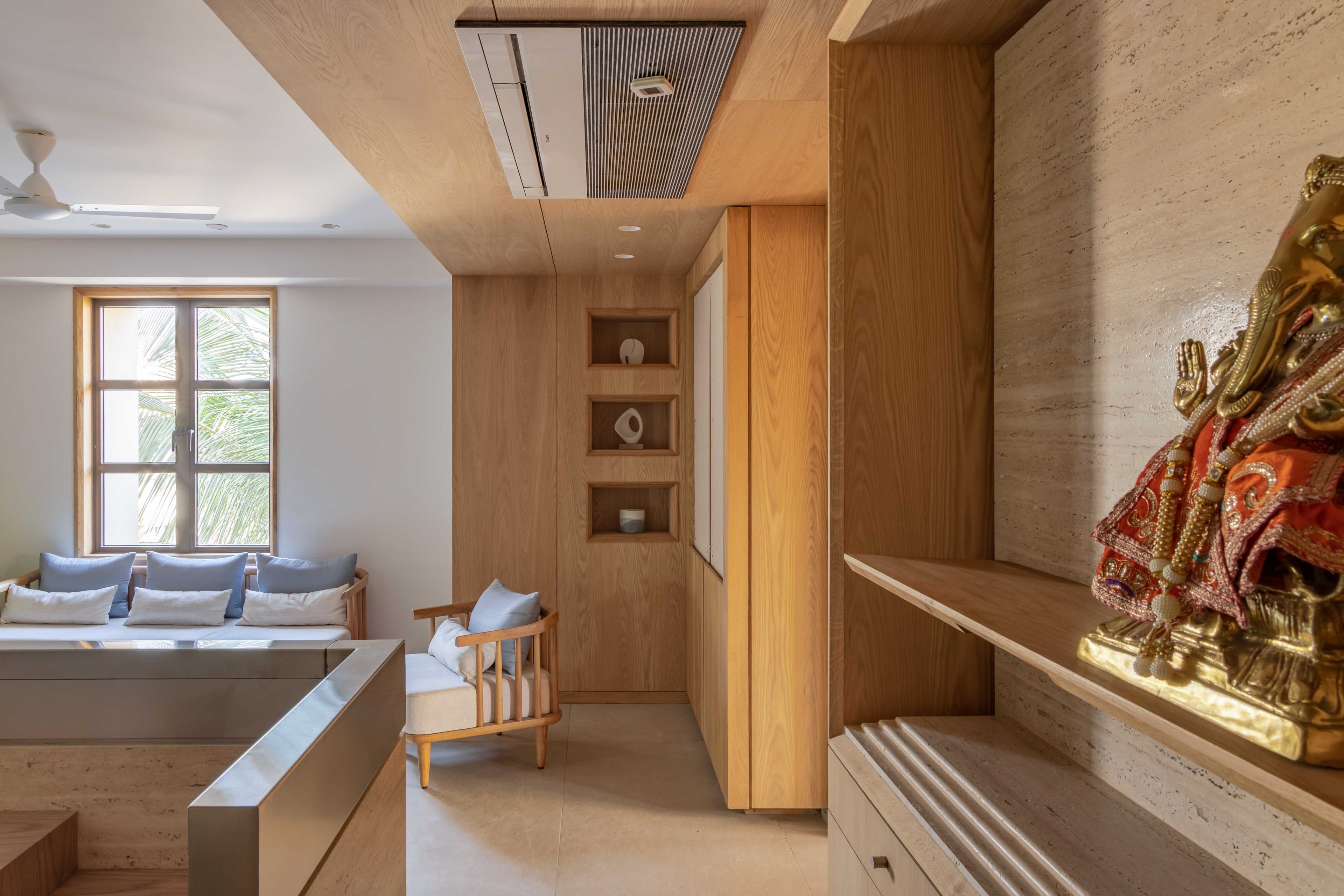 Bright office environment with wooden accents